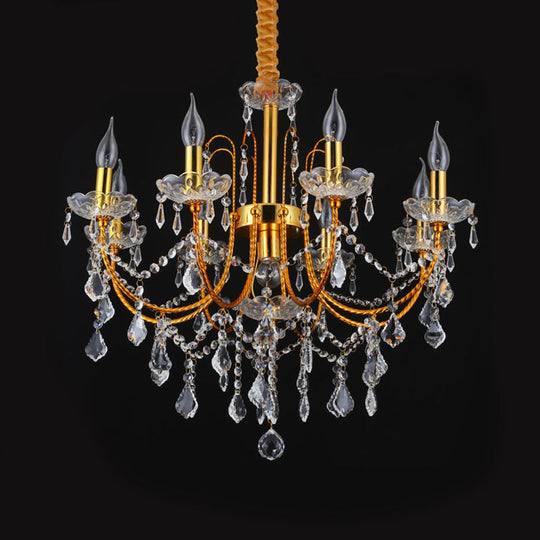 Swag Crystal Strand Candelabra Chandelier - Traditional Metal 5/7/9 Bulbs Gold Hanging Light For