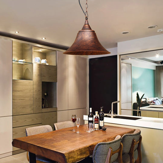 Rust Finish Bell Pendant Light - Farmhouse Style Wrought Iron 1-Bulb Restaurant Ceiling Mount