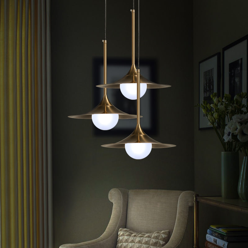 Mid Century Brass Flared Ceiling Light With Frosted Glass Shade - 1 Hallway Pendant
