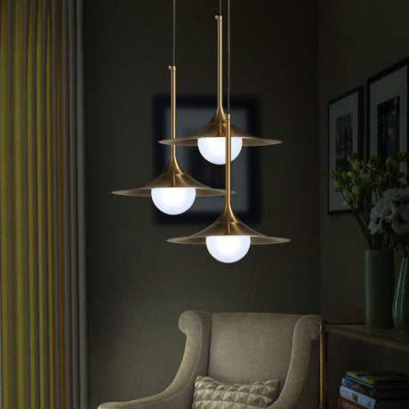 Mid Century Brass Flared Ceiling Light With Frosted Glass Shade - 1 Hallway Pendant