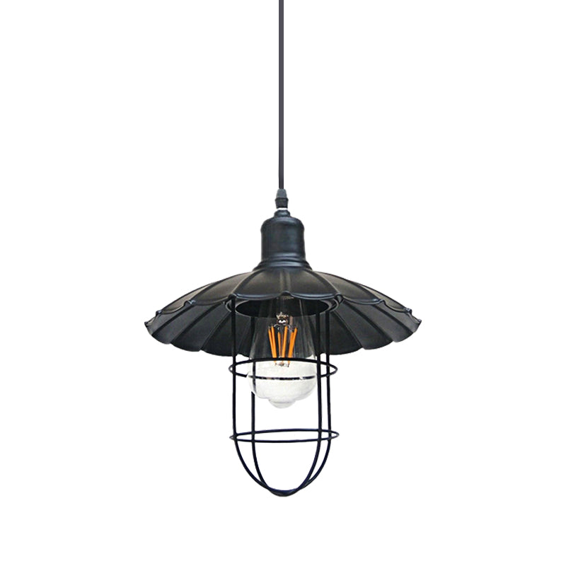 1 Head Black Metal Wire Guard Pendant Light With Nautical Scalloped Shade For Stylish Restaurant