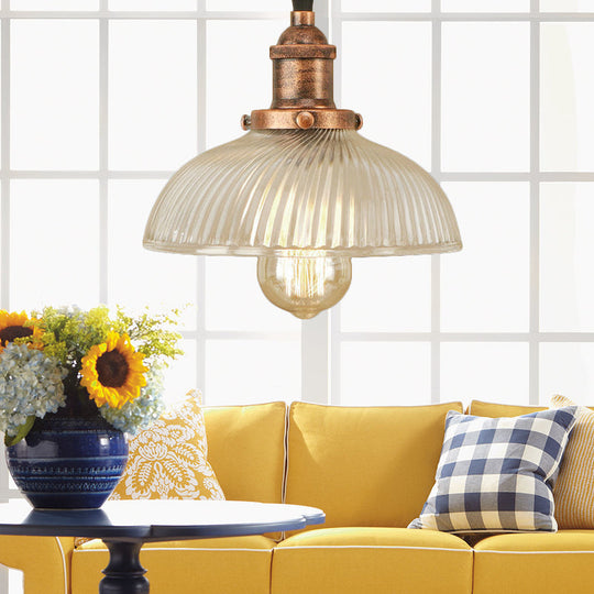 1-Light Ribbed Glass Dome Pendant Ceiling Light For Industrial & Rustic Settings.