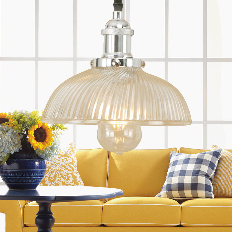 1-Light Ribbed Glass Dome Pendant Ceiling Light For Industrial & Rustic Settings.