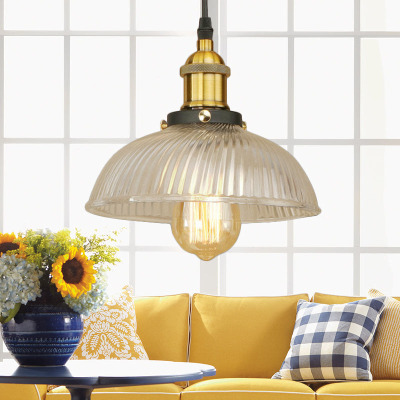 1-Light Ribbed Glass Dome Pendant Ceiling Light For Industrial & Rustic Settings.