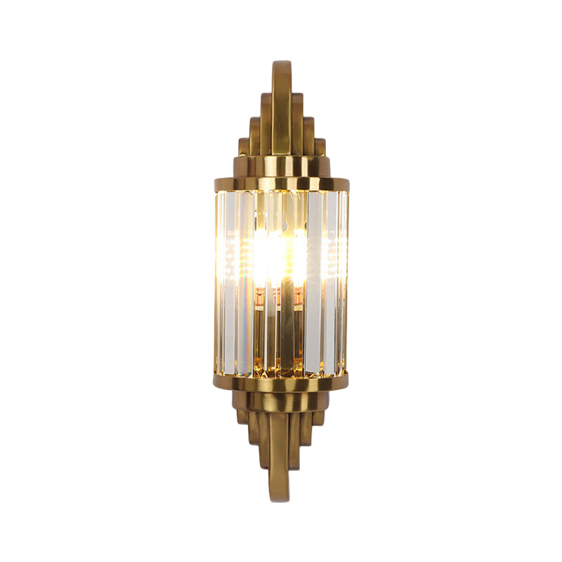 Postmodern Gold Finish Cylinder Wall Sconce With Crystal Prisms - Ideal For Living Room