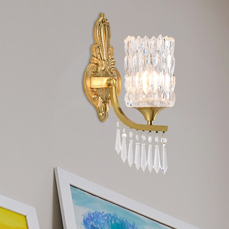 Postmodern Gold Column Wall Lamp With Clear Crystal Shade - Elegant Single Bulb Lighting Fixture