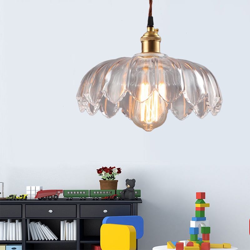 Scalloped Shade Clear Glass Pendant Lighting - Single Bulb Industrial Ceiling Light For Living Room