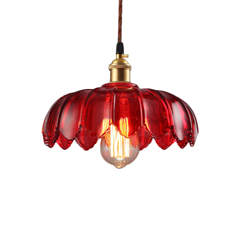 Industrial Scalloped Pendant Lamp - 1 Light Red Glass Hanging Ceiling For Living Room
