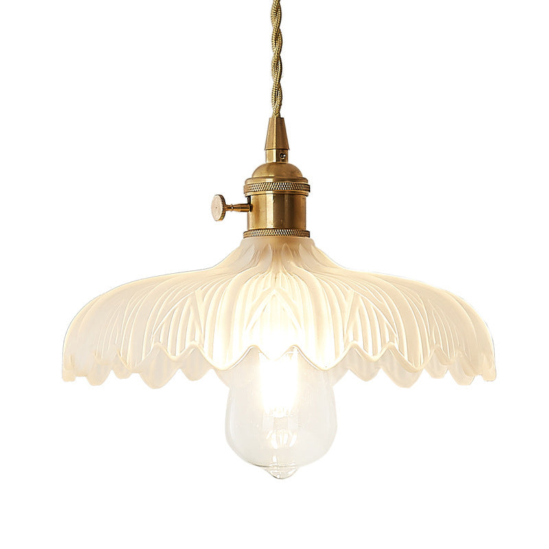 Brass Scalloped Pendant Ceiling Light With Frosted Glass - Farmhouse Style 1-Light Hanging Lamp For