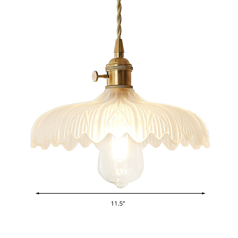 Brass Scalloped Pendant Ceiling Light With Frosted Glass - Farmhouse Style 1-Light Hanging Lamp For
