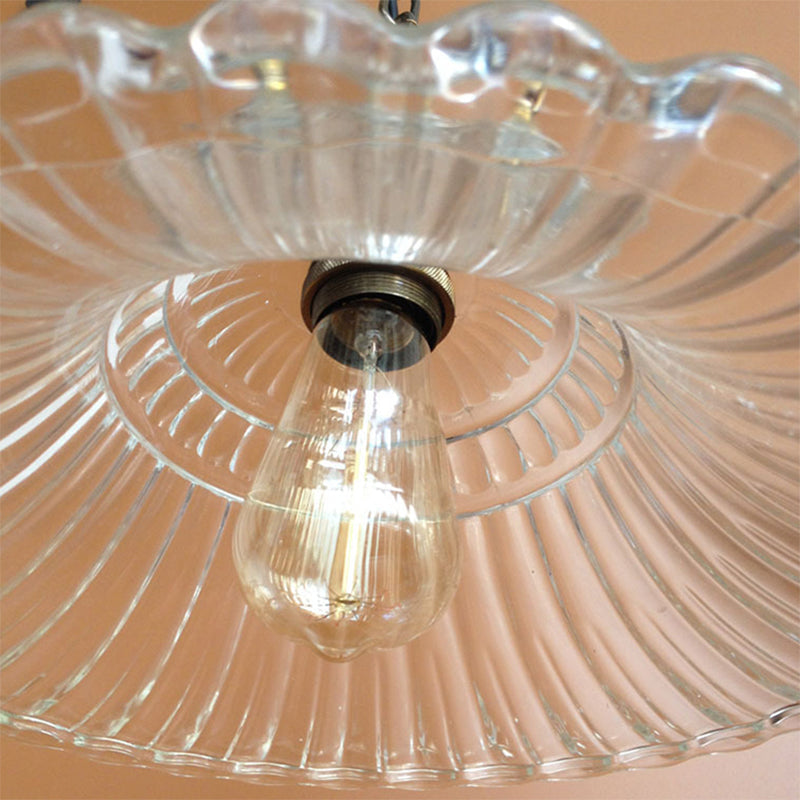 Vintage Brass Ribbed Glass Scalloped Pendant Ceiling Light Fixture - 1-Light Hanging