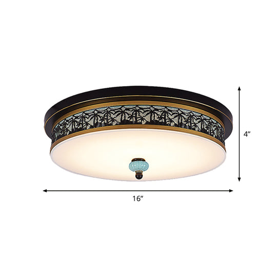 16’ - 19.5’ W Led Flush Mount Ceiling Light Fixture | Black - Gold Opal Glass Drum Dining Hall