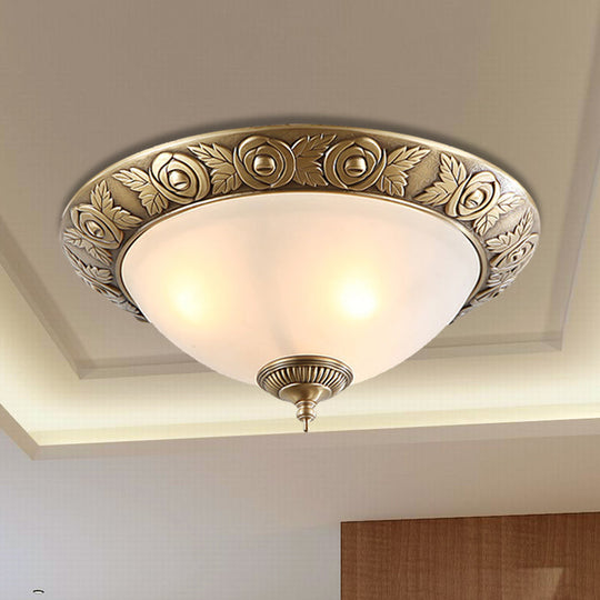 Antiqued Milky Glass Bedroom Ceiling Light With Brass Flush Mount - 2/3 - Head Available In 12’