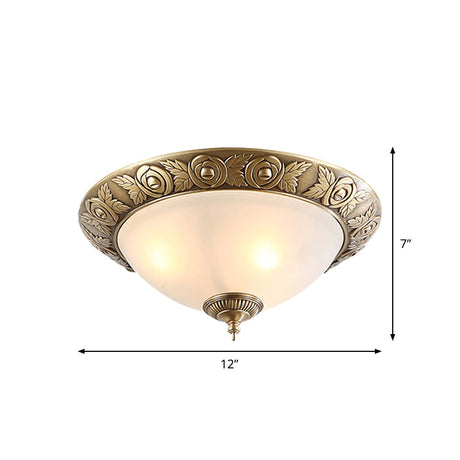 Antiqued Milky Glass Bedroom Ceiling Light With Brass Flush Mount - 2/3 - Head Available In 12’