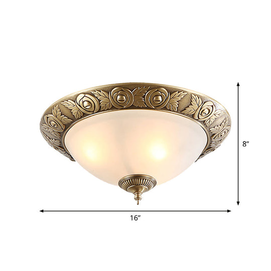 Antiqued Milky Glass Bedroom Ceiling Light With Brass Flush Mount - 2/3 - Head Available In 12’