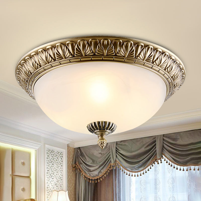 Retro Style White Glass Brass Ceiling Fixture With Dome Design - 2/3 - Light Flush Mount Lighting