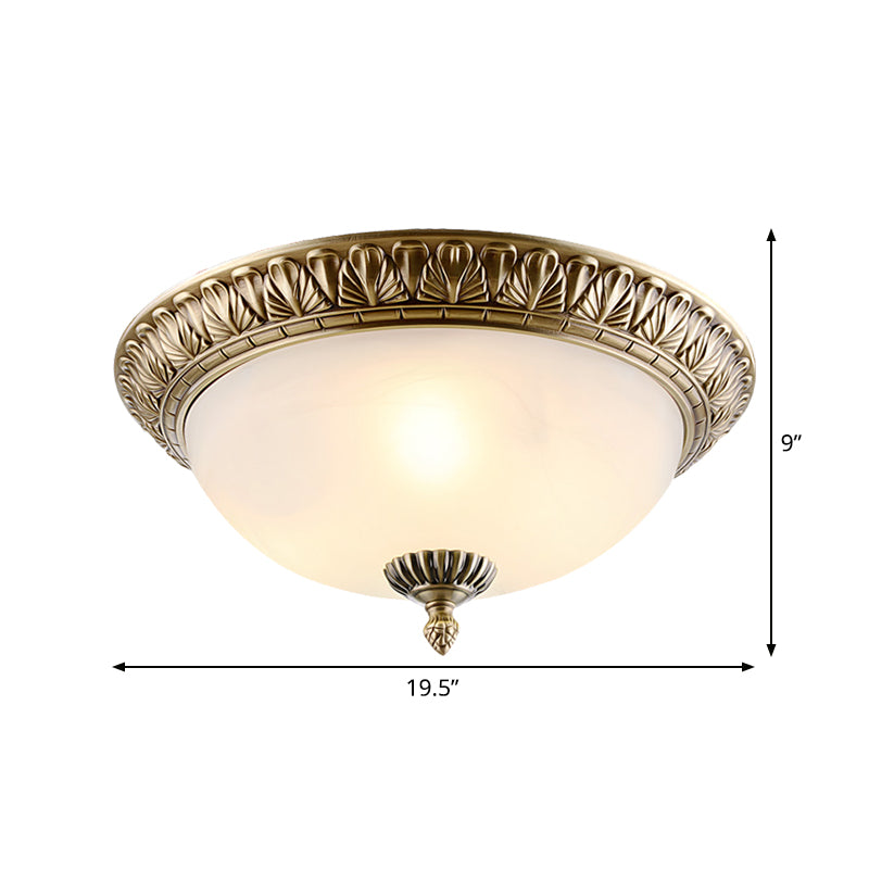 Retro Style White Glass Brass Ceiling Fixture With Dome Design - 2/3 - Light Flush Mount Lighting