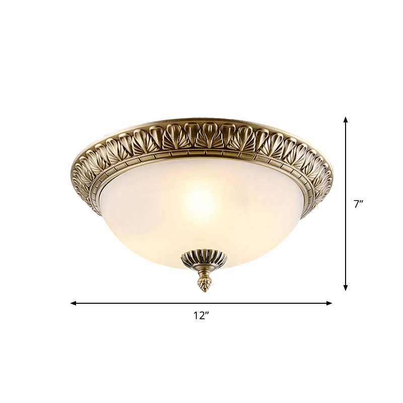 Retro Style White Glass Brass Ceiling Fixture With Dome Design - 2/3 - Light Flush Mount Lighting