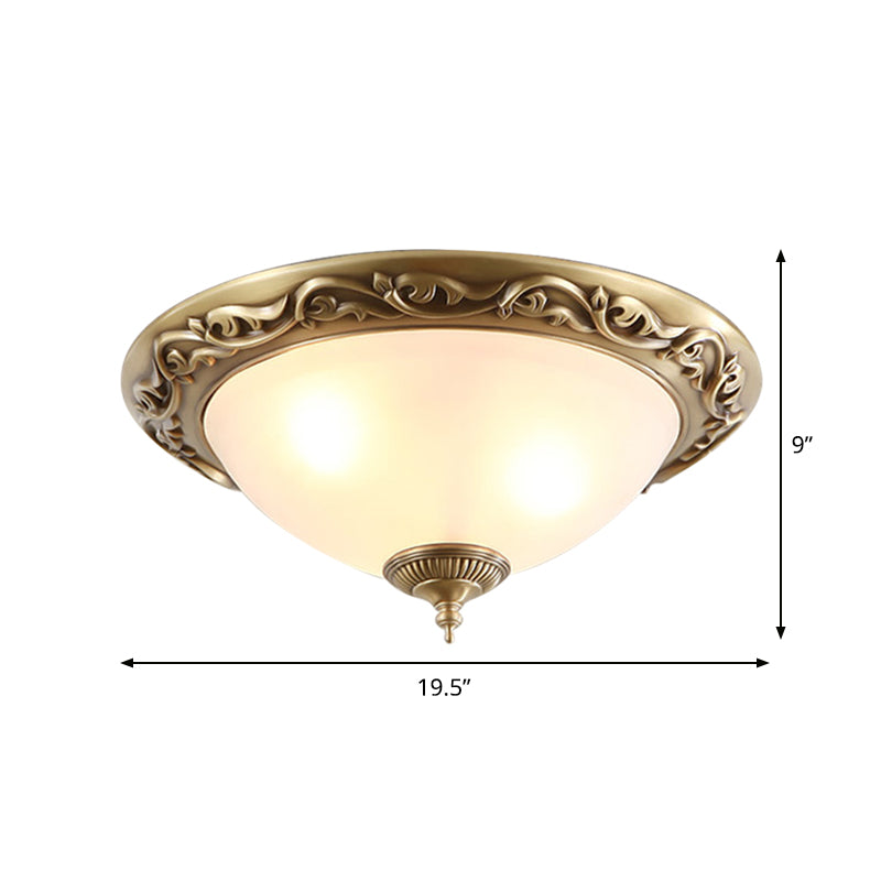 Opaline Glass Brass Flush Ceiling Light - Traditional Bedroom Lighting (12’/16’/19.5’ 2/3 Heads)