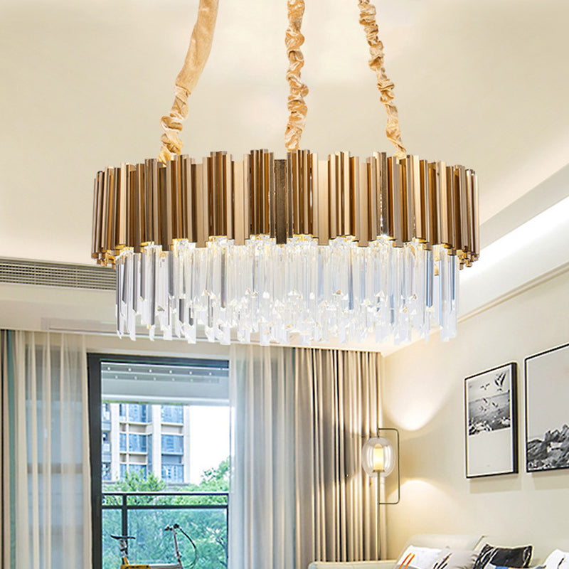 Gold Drum Shaped Crystal Icicles Pendant Chandelier 10/15-Bulb Postmodern Hanging Light