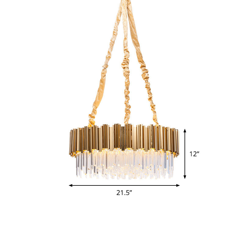 Gold Drum Shaped Crystal Icicles Pendant Chandelier 10/15-Bulb Postmodern Hanging Light