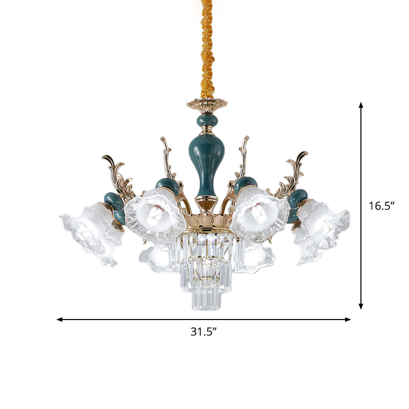 Traditional Blue Floral Crystal Chandelier Suspension Lamp With 6/8 Heads