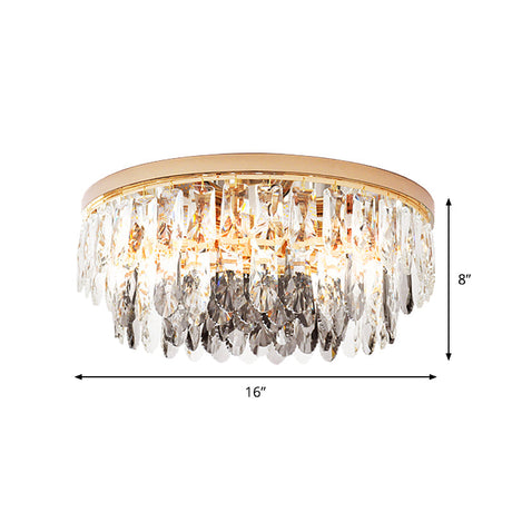 Clear Crystal Drum Flush Light - Contemporary Hotel Ceiling Fixture (3/4-Light 11/16 Width)