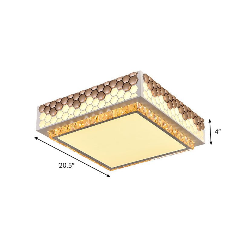 Modern Crystal Led Square Box Ceiling Lamp - White Flush Mount With Honeycomb Side