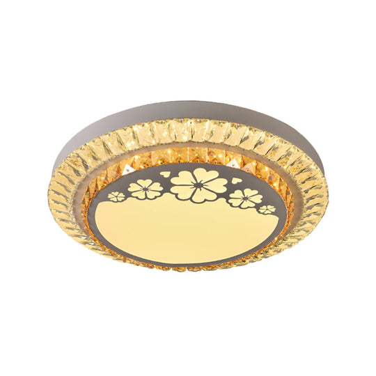 Contemporary Round Led Ceiling Flush Mount With Clear Cut Crystal & Elegant Floral/Cubical Pattern