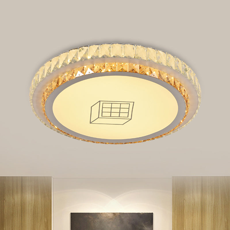 Contemporary Round Led Ceiling Flush Mount With Clear Cut Crystal & Elegant Floral/Cubical Pattern