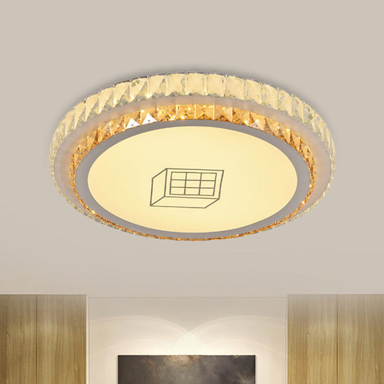 Contemporary Round Led Ceiling Flush Mount With Clear Cut Crystal & Elegant Floral/Cubical Pattern