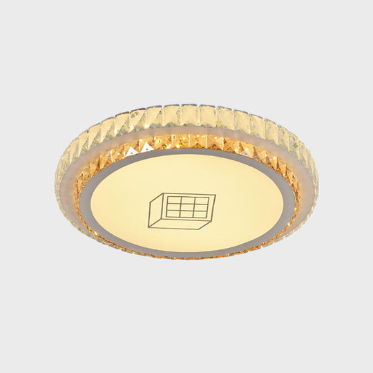 Contemporary Round Led Ceiling Flush Mount With Clear Cut Crystal & Elegant Floral/Cubical Pattern