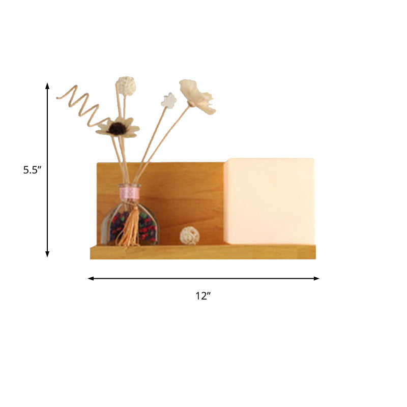 Beige Wall Lamp With Modern Cube Shade - Bedroom Sconce Light
