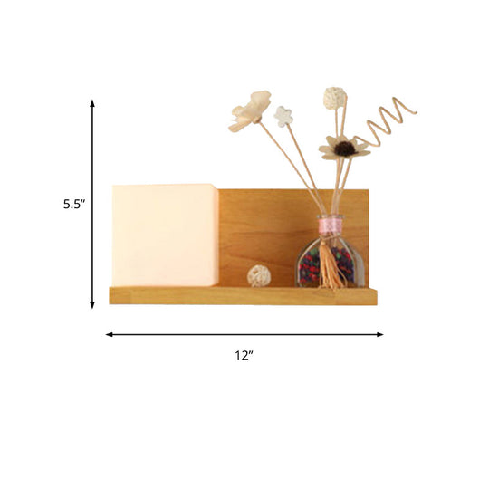 Beige Wall Lamp With Modern Cube Shade - Bedroom Sconce Light