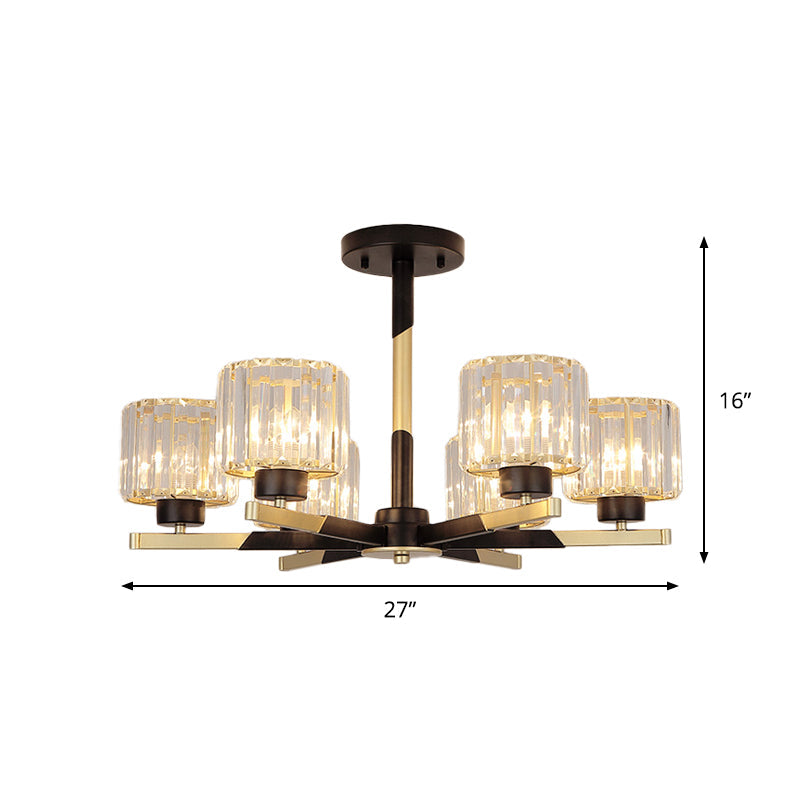 Modern Cylindrical Crystal Semi Flush Chandelier In Black - 6/8 - Head Living Room Ceiling Light