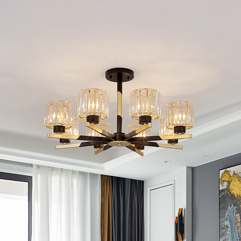 Modern Cylindrical Crystal Semi Flush Chandelier In Black - 6/8 - Head Living Room Ceiling Light