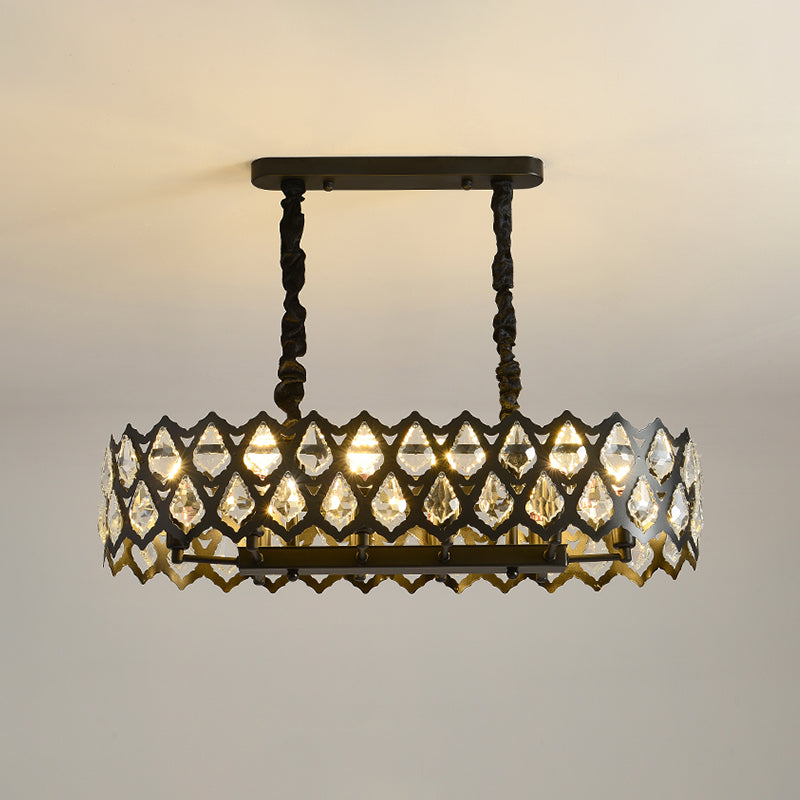 Black Oval Crystal Teardrops Suspension Light - Contemporary Island Pendant With 10/14 Bulbs