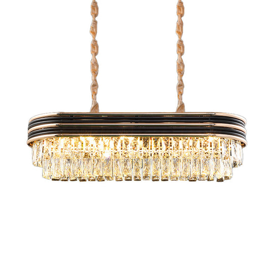 Elliptical Pendant Lamp With Cut Crystal - Modern 8-Bulb Hanging Light In Black For Island