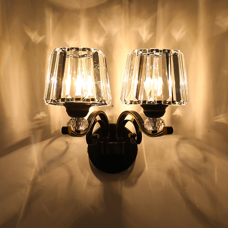 Prismatic Crystal Cone Wall Lamp: 1/2-Bulb Traditional Light For Living Room In Black