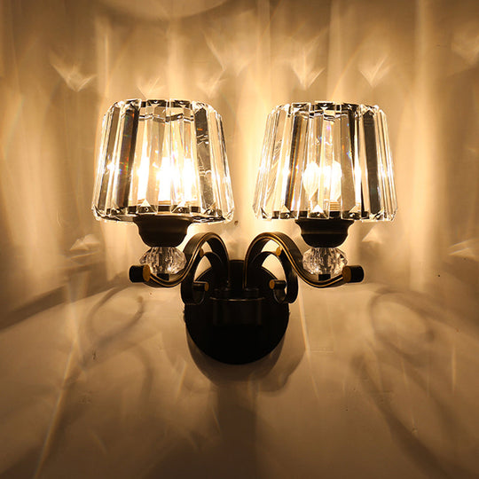 Prismatic Crystal Cone Wall Lamp: 1/2-Bulb Traditional Light For Living Room In Black