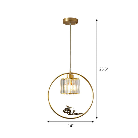 Modern Gold Circle Suspension Pendant With Decorative Bird/Dragonfly - Crystal Cylinder Dining Room