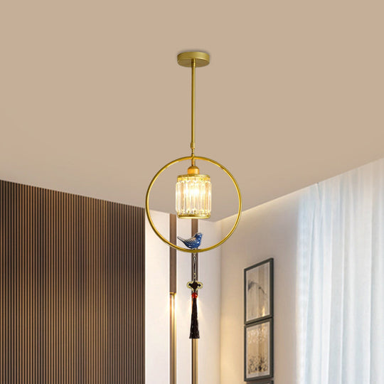 Modern Black/Gold Prismatic Crystal Pendant Light With Elegant Hoop And Tassel Design