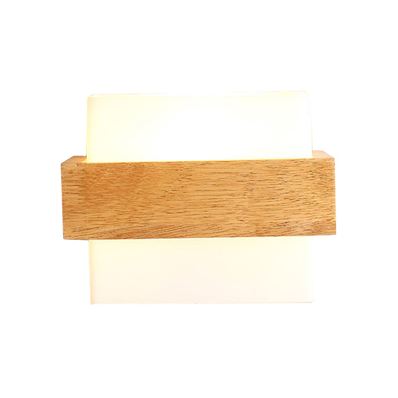 Japanese Cube Shade Sconce Lamp With Wood Deco Milk Glass - Modern Wall Lighting For Study Room