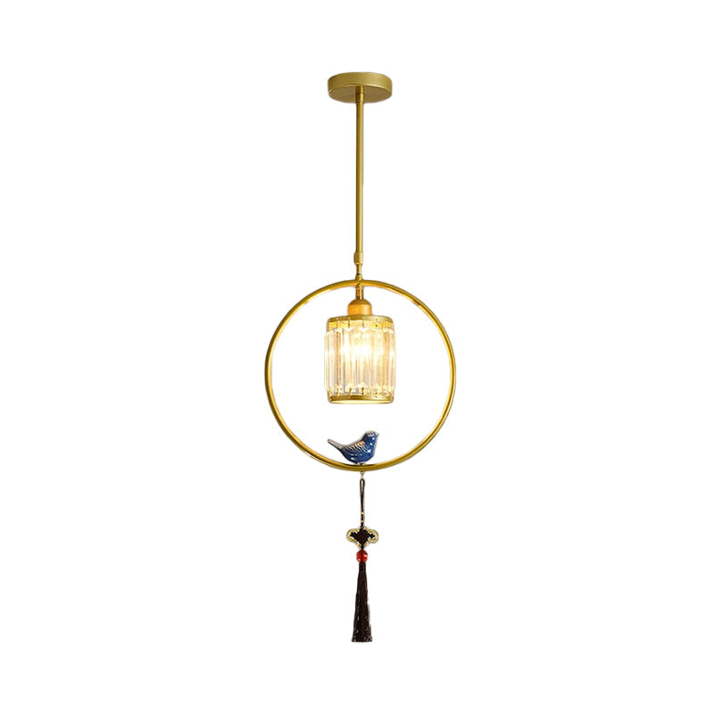 Modern Black/Gold Prismatic Crystal Pendant Light With Elegant Hoop And Tassel Design