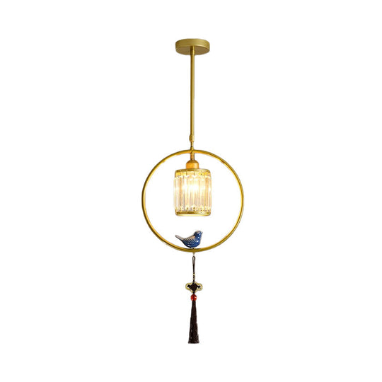 Modern Black/Gold Prismatic Crystal Pendant Light With Elegant Hoop And Tassel Design