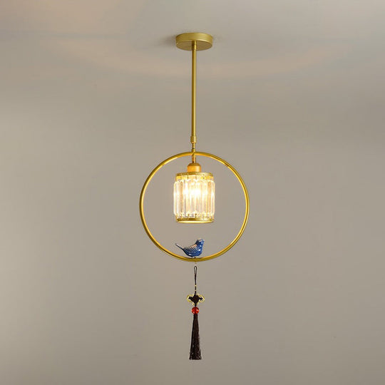 Modern Black/Gold Prismatic Crystal Pendant Light With Elegant Hoop And Tassel Design