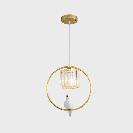 Black/Gold Hoop Pendulum Modern Pendant Light With Bird And Cylinder Crystal Shade