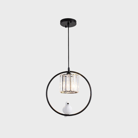 Black/Gold Hoop Pendulum Modern Pendant Light With Bird And Cylinder Crystal Shade