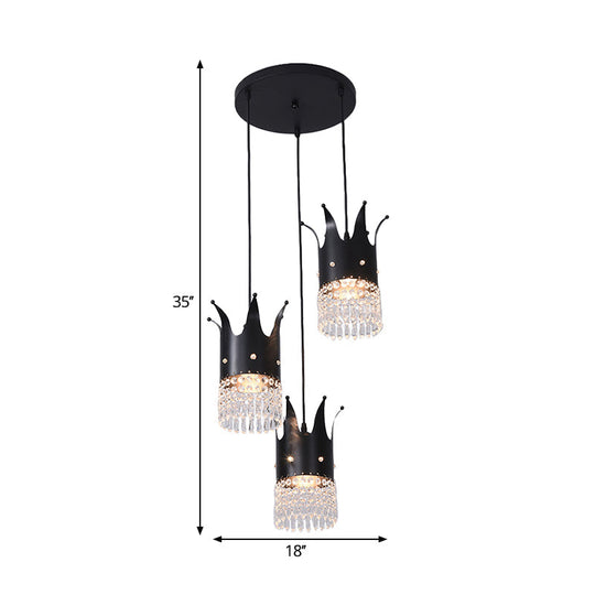 Modern Black Crown Island Lighting With Crystal Droplets - 3 Bulbs Metal Multi Hanging Lamp Kit