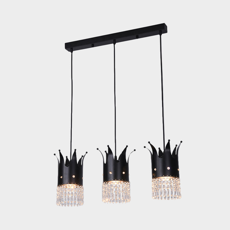 Modern Black Crystal Droplet Crown Island Lighting Kit - 3 Bulbs Linear/Round Canopy Multi Hanging